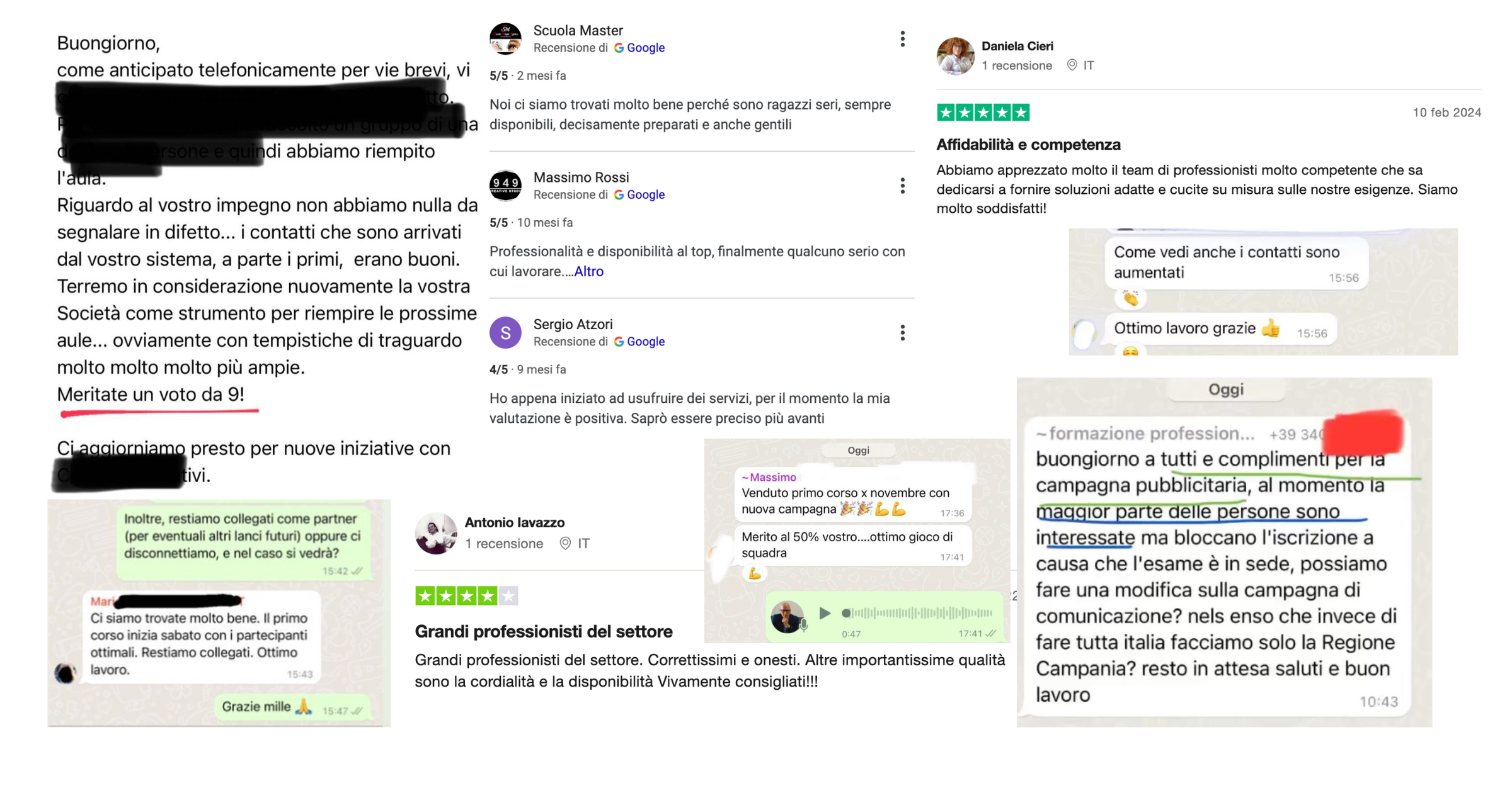 Screenshot di feedback reali dei clienti